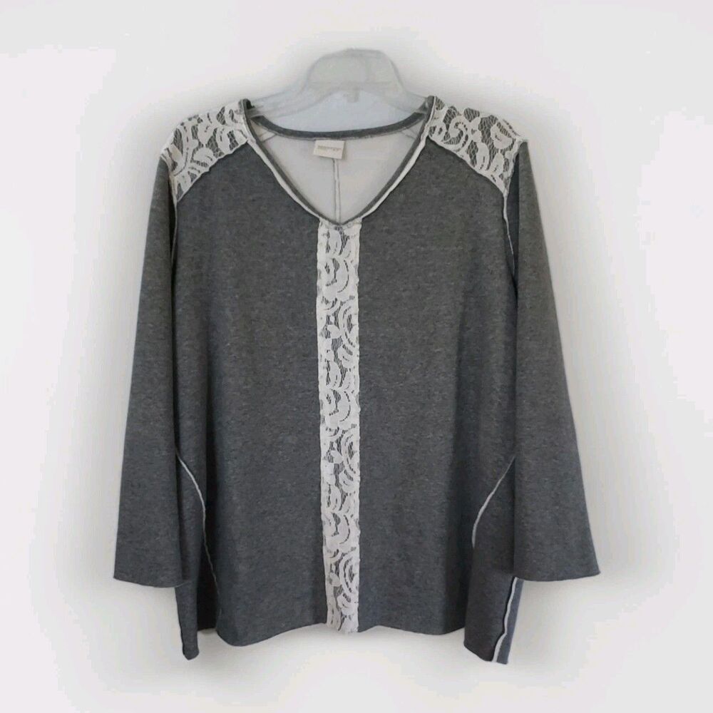 Zenergy By Chicos Women XL Gray W Lace Accents 3/4 Sleeves Top V Neck